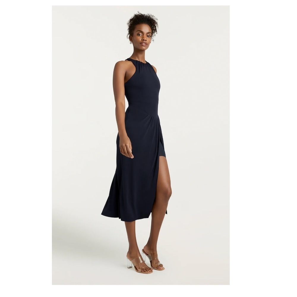 cinq a sept Navy Halter Midi Dress with Side Slit